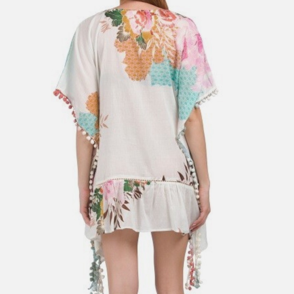 Z&L Europe Floral Print Airy 100% Cotton Pom-Pom Caftan Swim Cover Up OS - Picture 4 of 12